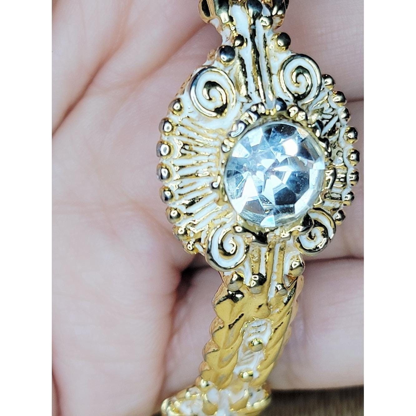 Vintage Gold Tone Rhinestone Bracelet White Enamel Ornate Hinged Bangle
