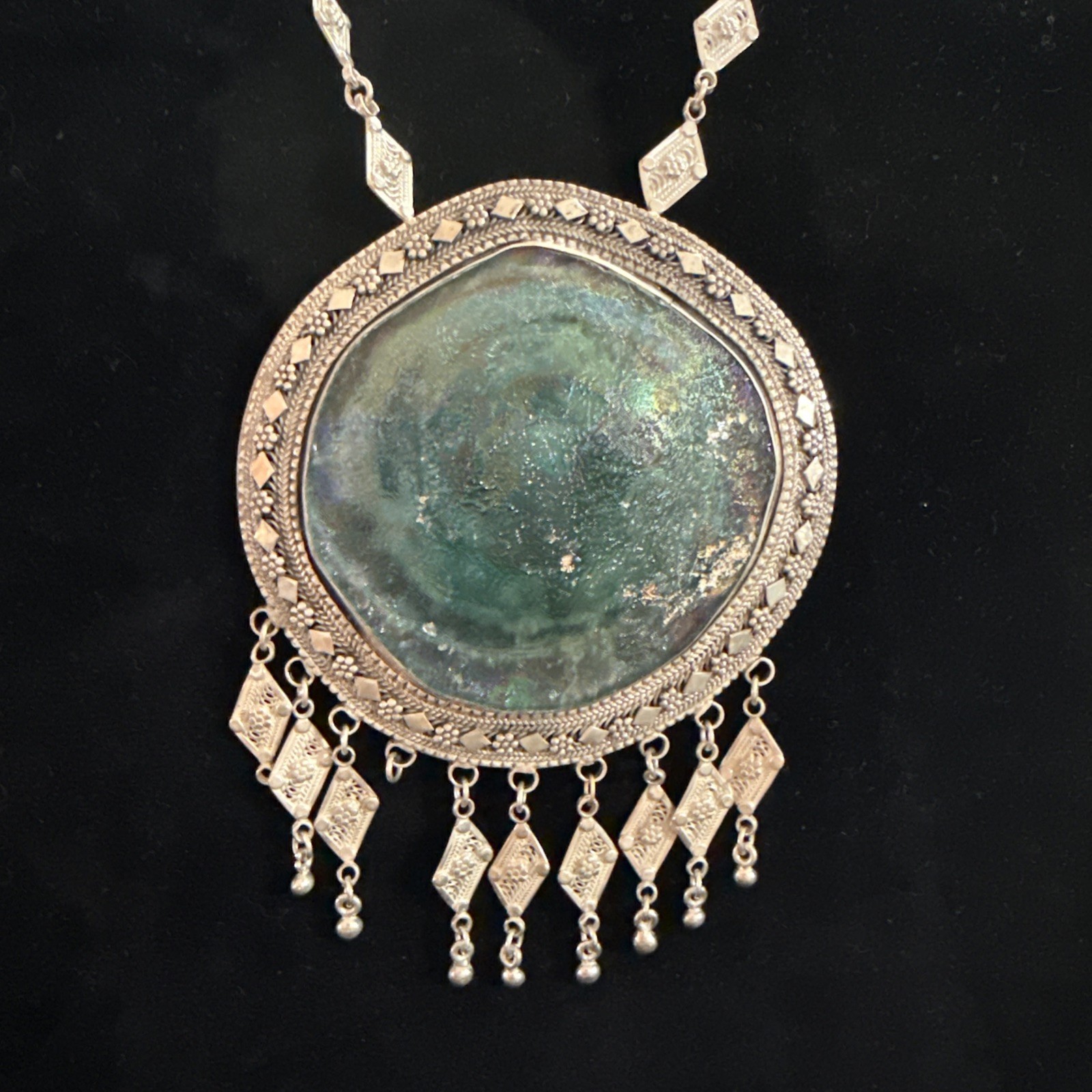 Antique Yemenite Roman Glass Necklace Sterling Silver See Notes