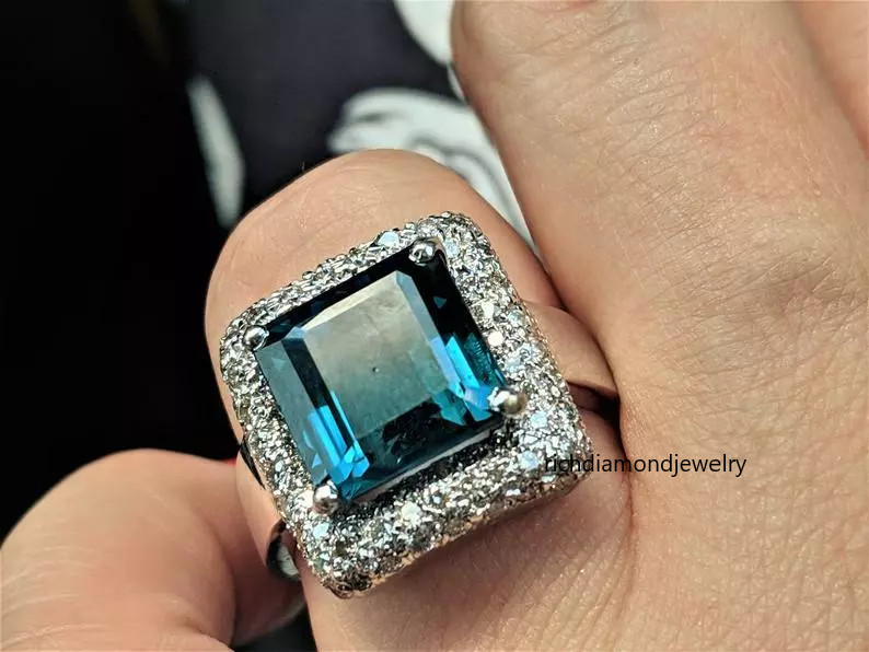 Huge 7.98CT Asscher Cut Teal Peacock Blue Spinel & White CZ 925 SS Wedding Ring
