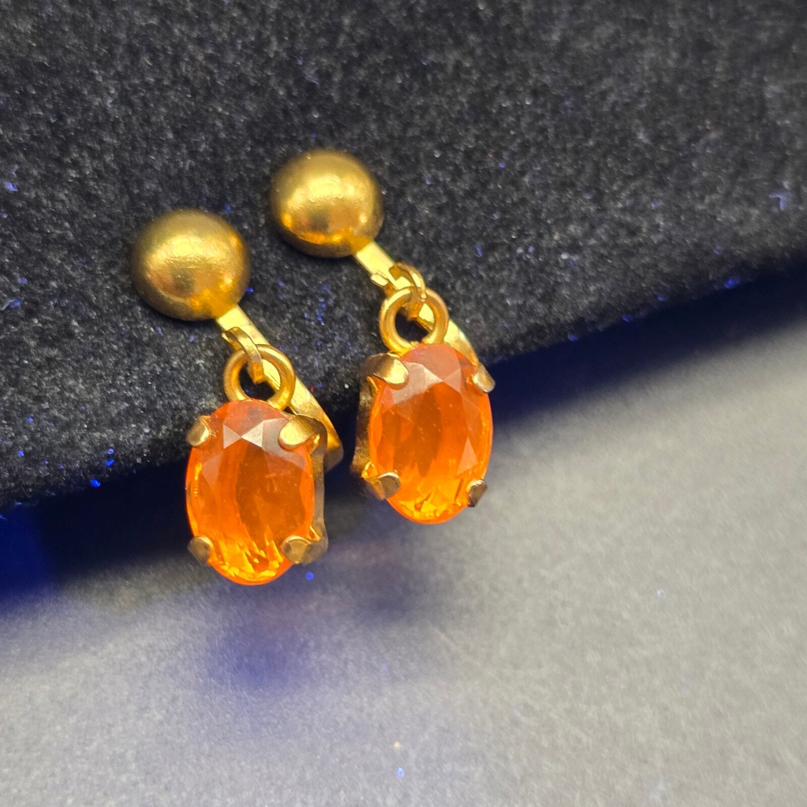Vintage Yellow Orange Rhinestone Clip On Earrings Dangle Drop Charm