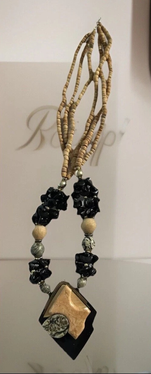 Boho Wood Bead Chain Necklace With Lucite And Stone Pendant & Lucite Accents 24”