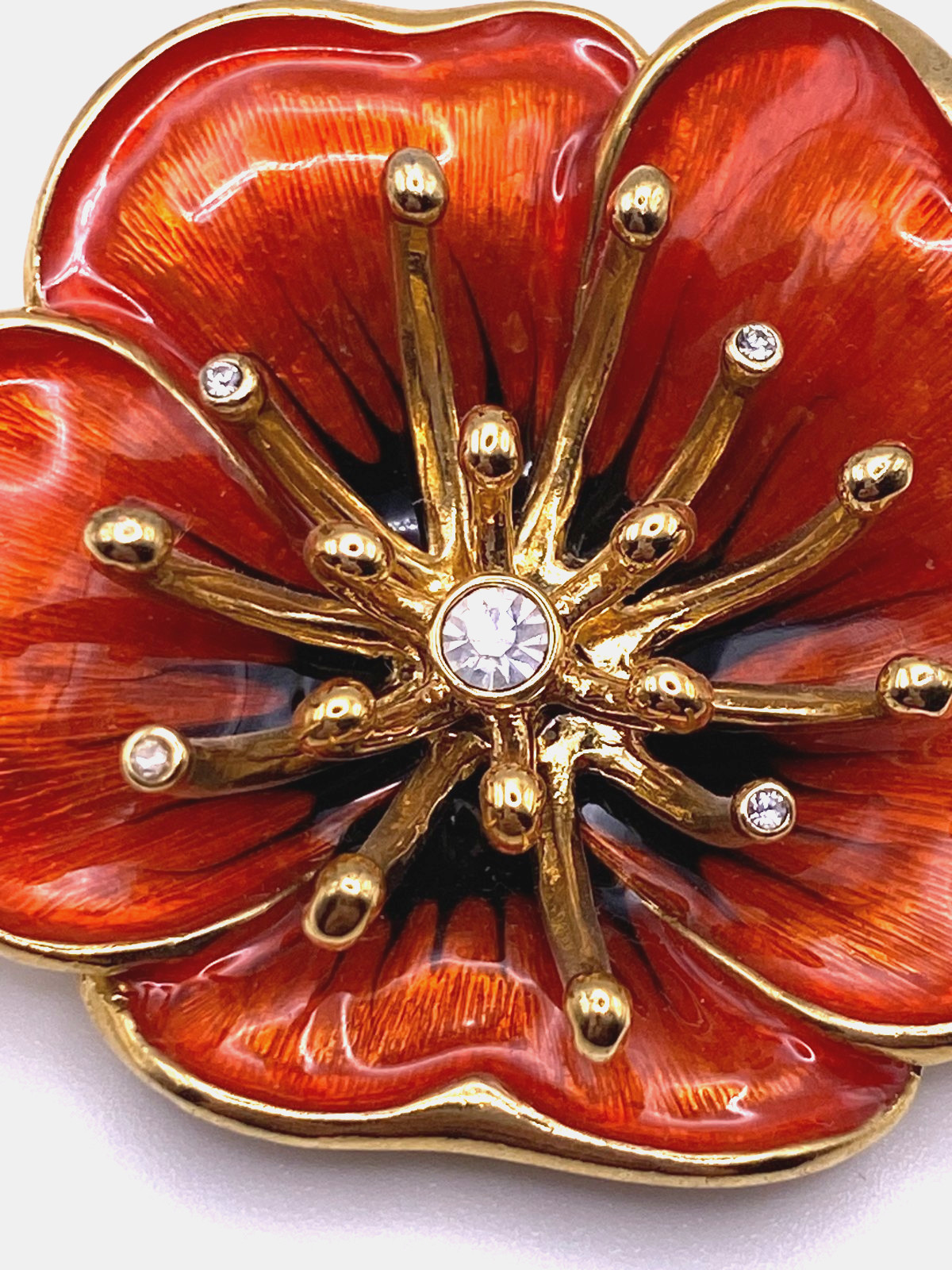 Vintage Monet Poppy Brooch: Red Brooch, Enamel w/ Rhinestones, Gold-Tone EUC,