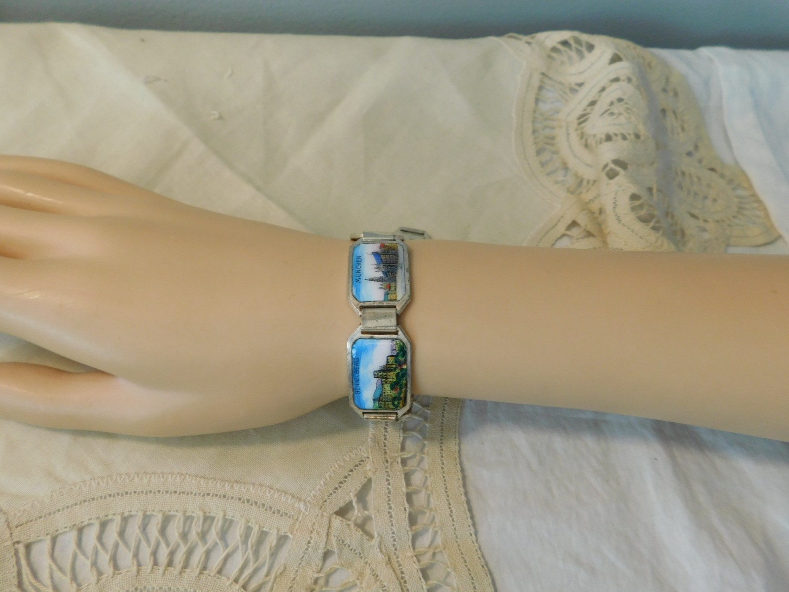 German Vintage Souvenir Panel Travel Bracelet Silver Enamel Munchen Frankfurt