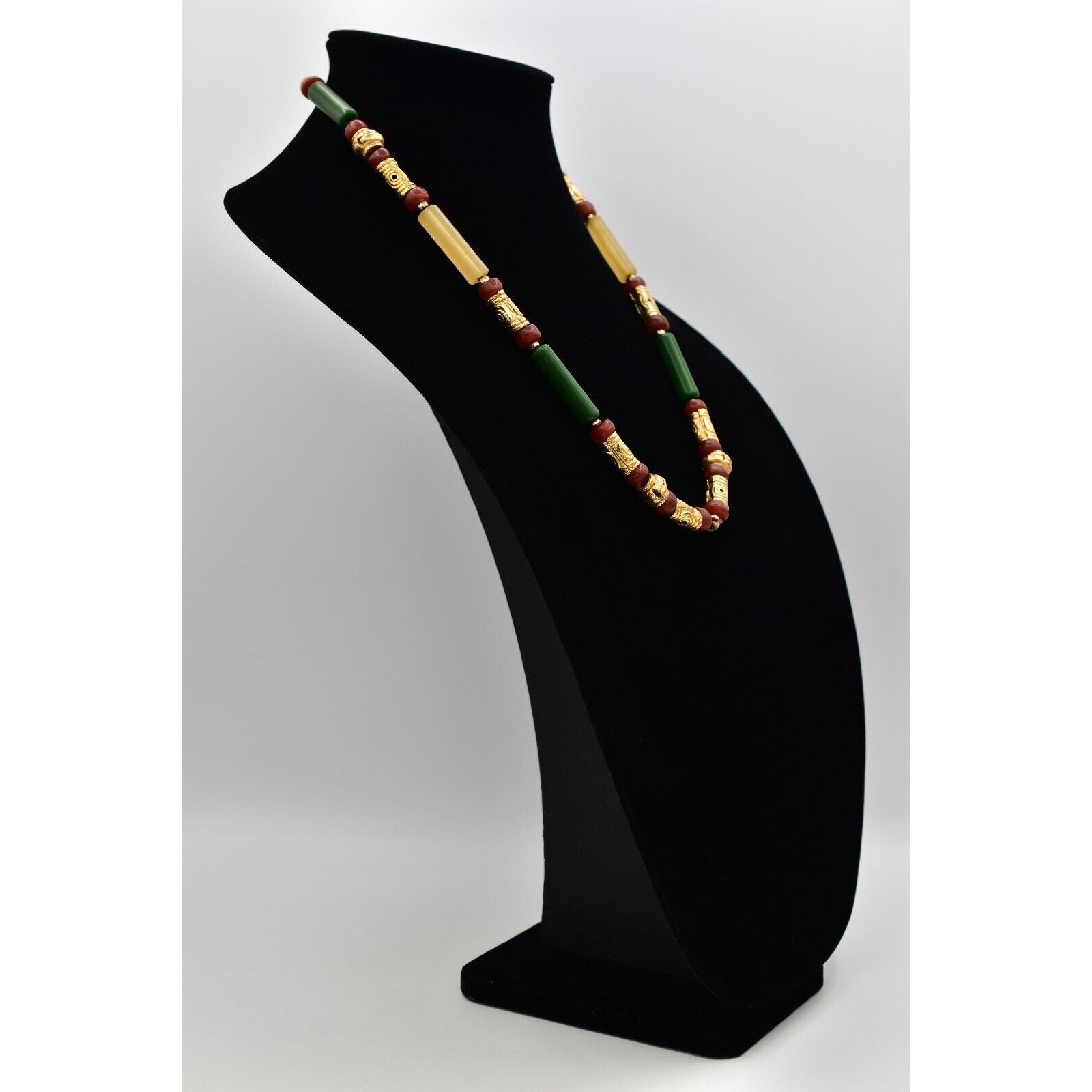 Vintage Beaded Necklace Brushed Gold Green Red Clay Tribal Chunky 1970s BinBN