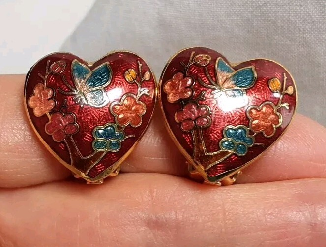 Earring Gold Tone Cloisonne Red Pink Blue Puff Heart Floral Butterfly Clip Vtg