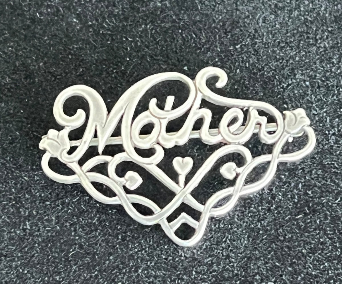 Vintage 925 silver “Mother” pin/brooch with flowers, hearts, and flourishes