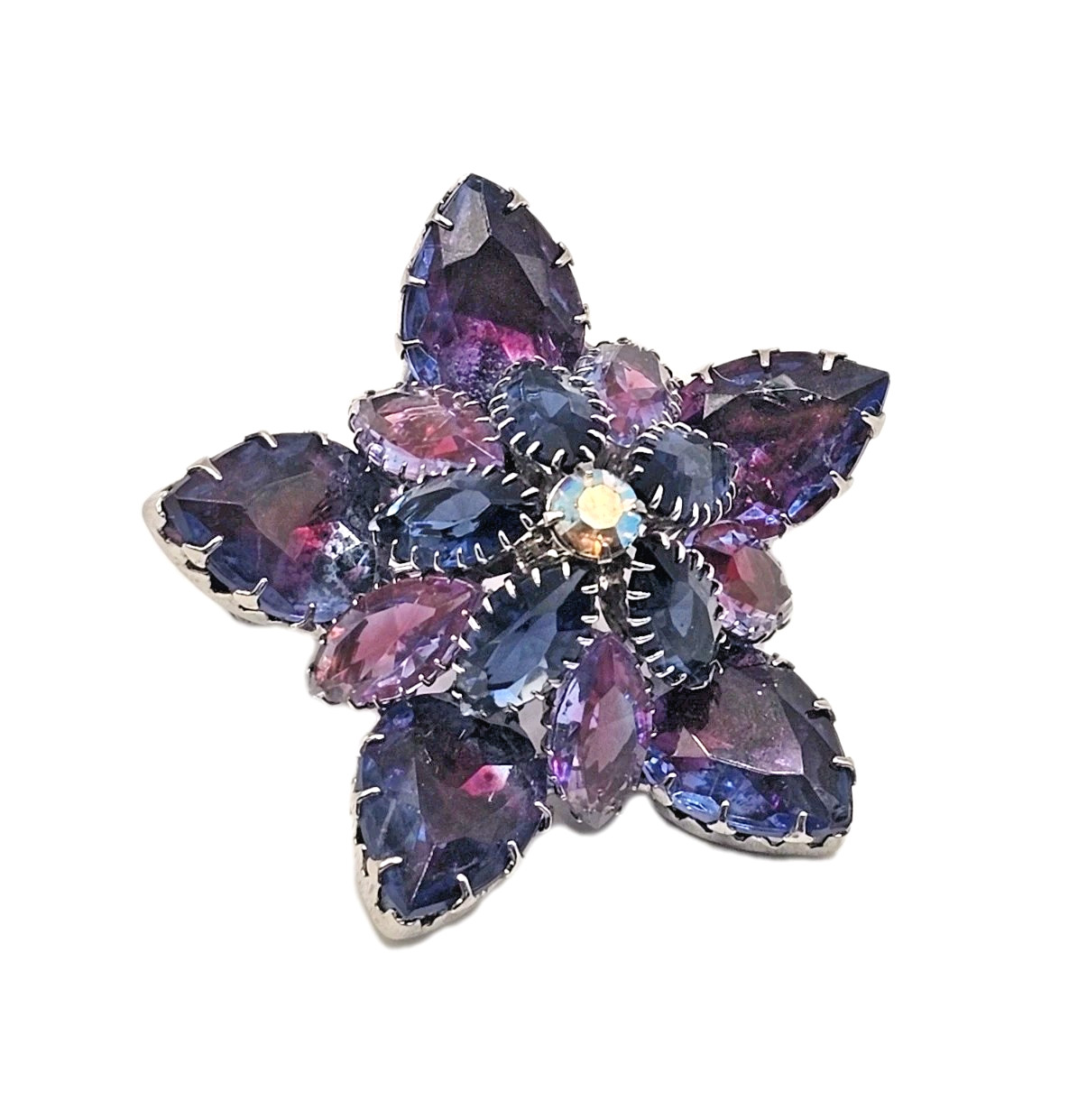 VTG Starburst Domed Purple Blue Pink Vitrail Glass Rhinestone Brooch Silver Tone