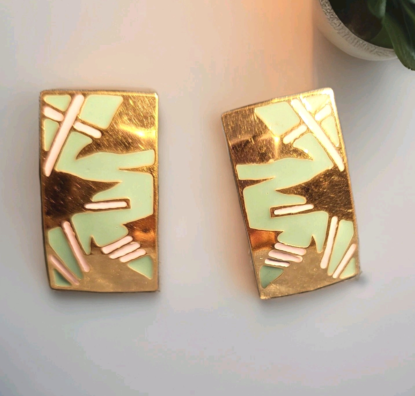 Vintage L Bott Modernist Art Deco Gold Toned Geometric post earrings Teal