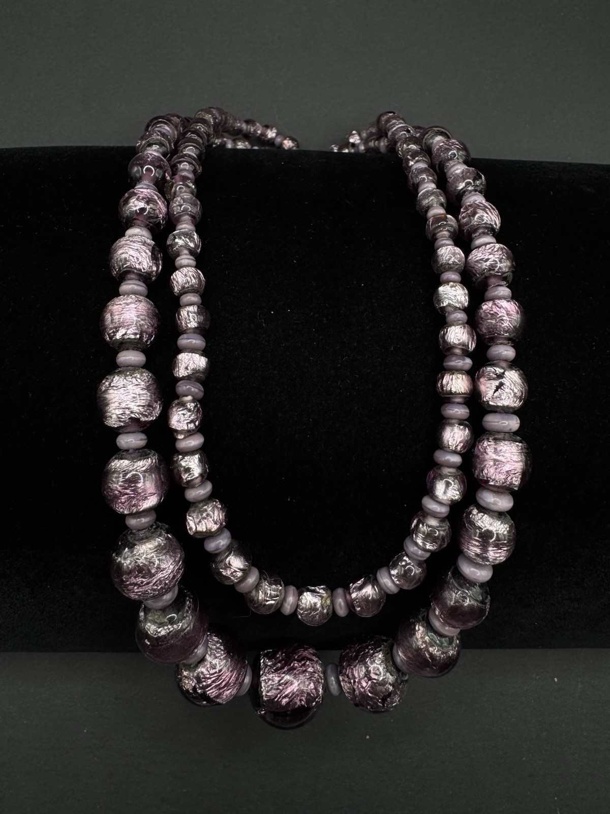 Vintage RARE Collectors MURANO FOILED GLASS BEAD Sterling Clasp Double Necklace