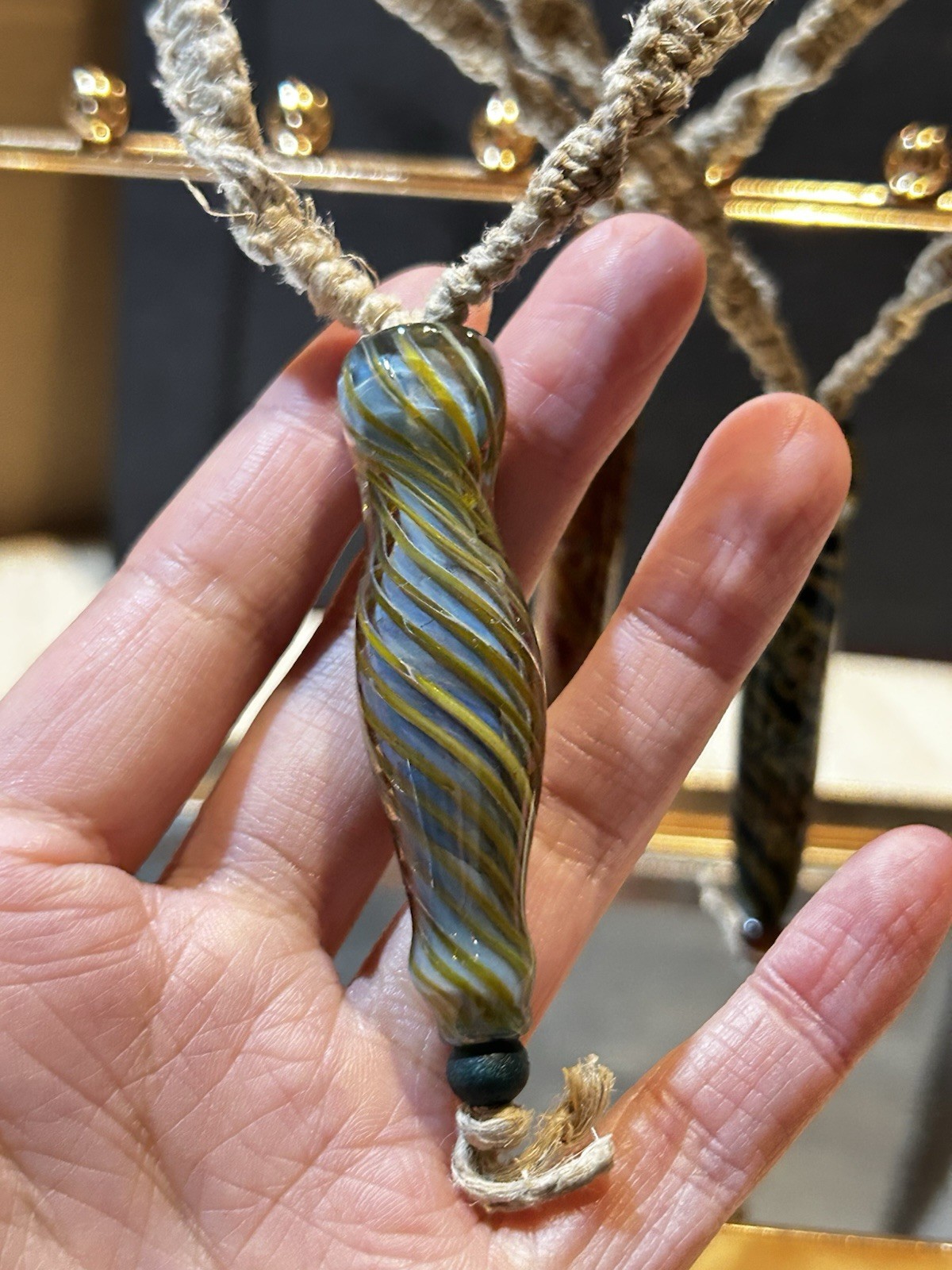 Vintage Rare Rotating pattern handmade glass pendant Necklaces Hemp Rope Weaving