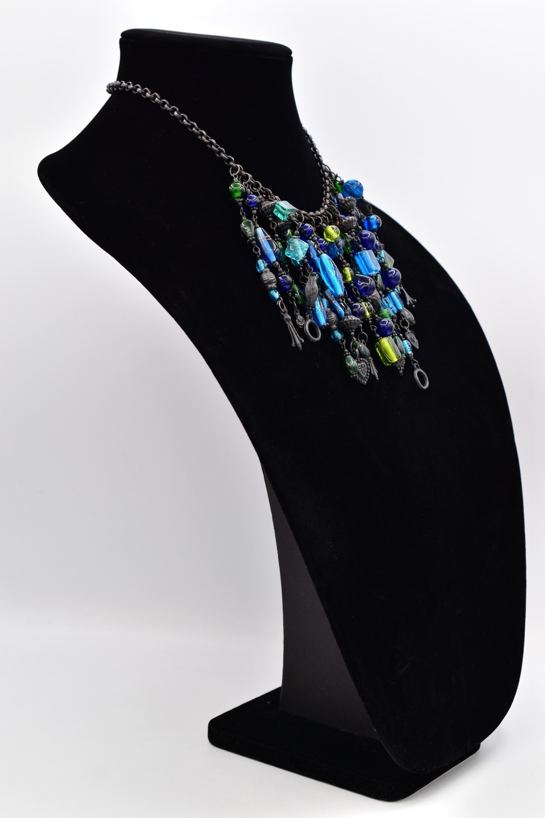 Vintage Glass Beaded Bib Collar Necklace Blue Green Fringe Gunmetal Chunky BinBQ