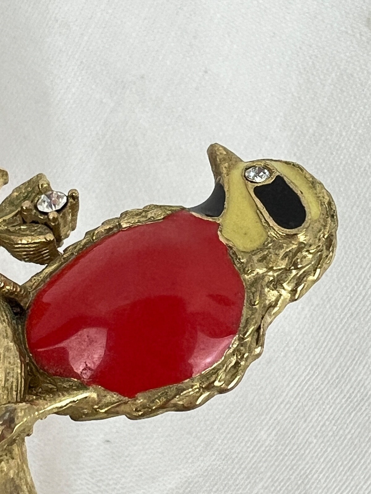 Lot of 3 Gold Tone Bird Brooches Pins Jelly Belly Rhinestones Red Orange Cream