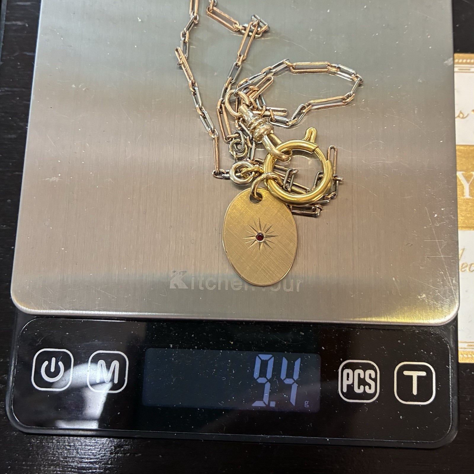Vintage 12k Gold Filled Pocket Watch Chain FOB,Dog Clip,O-Ring, Ruby-Glass Charm
