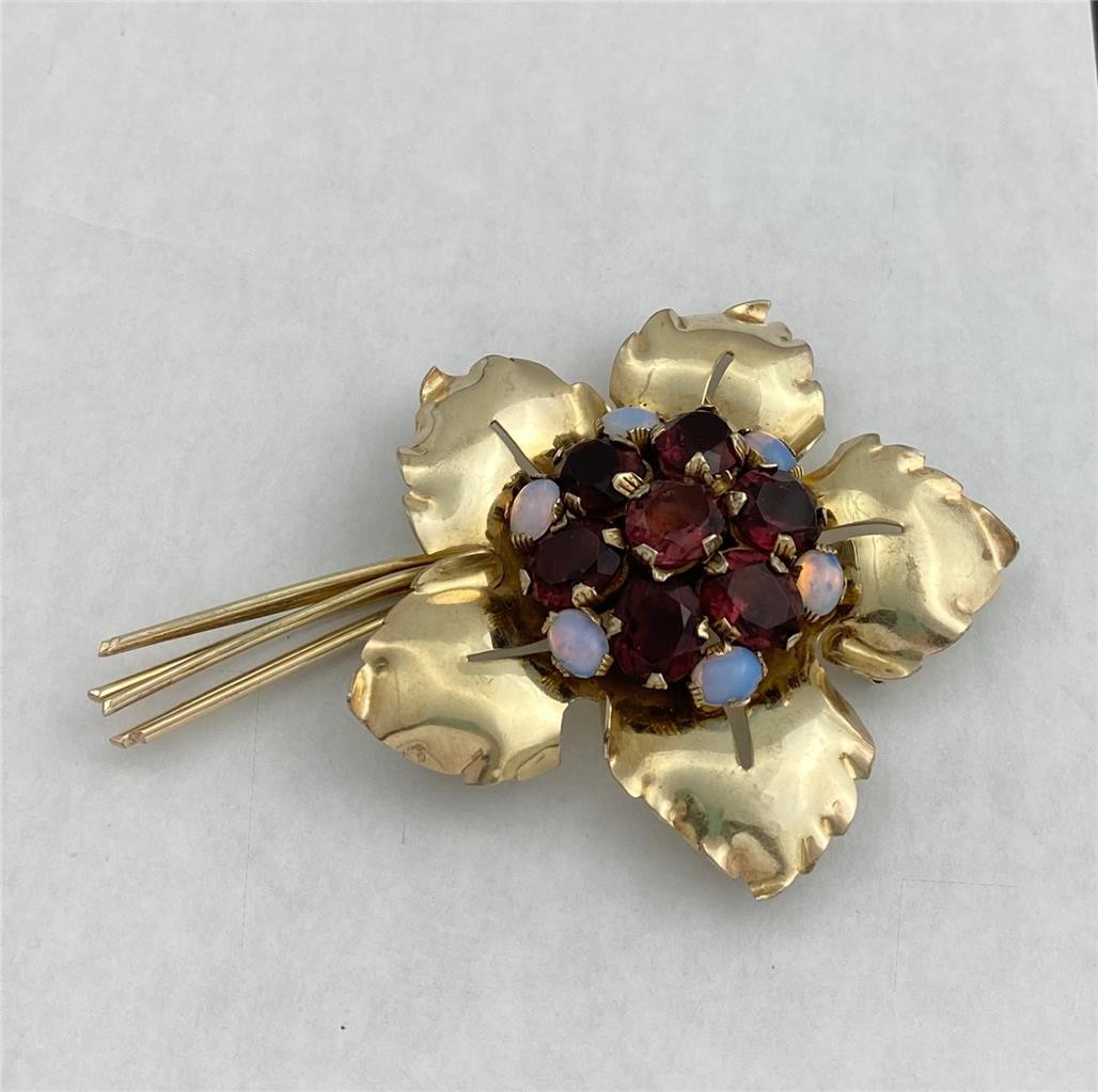 Vintage Sterling Silver/ Gold Floral Bouquet with Purple & Opal Glass Gems 4″ L