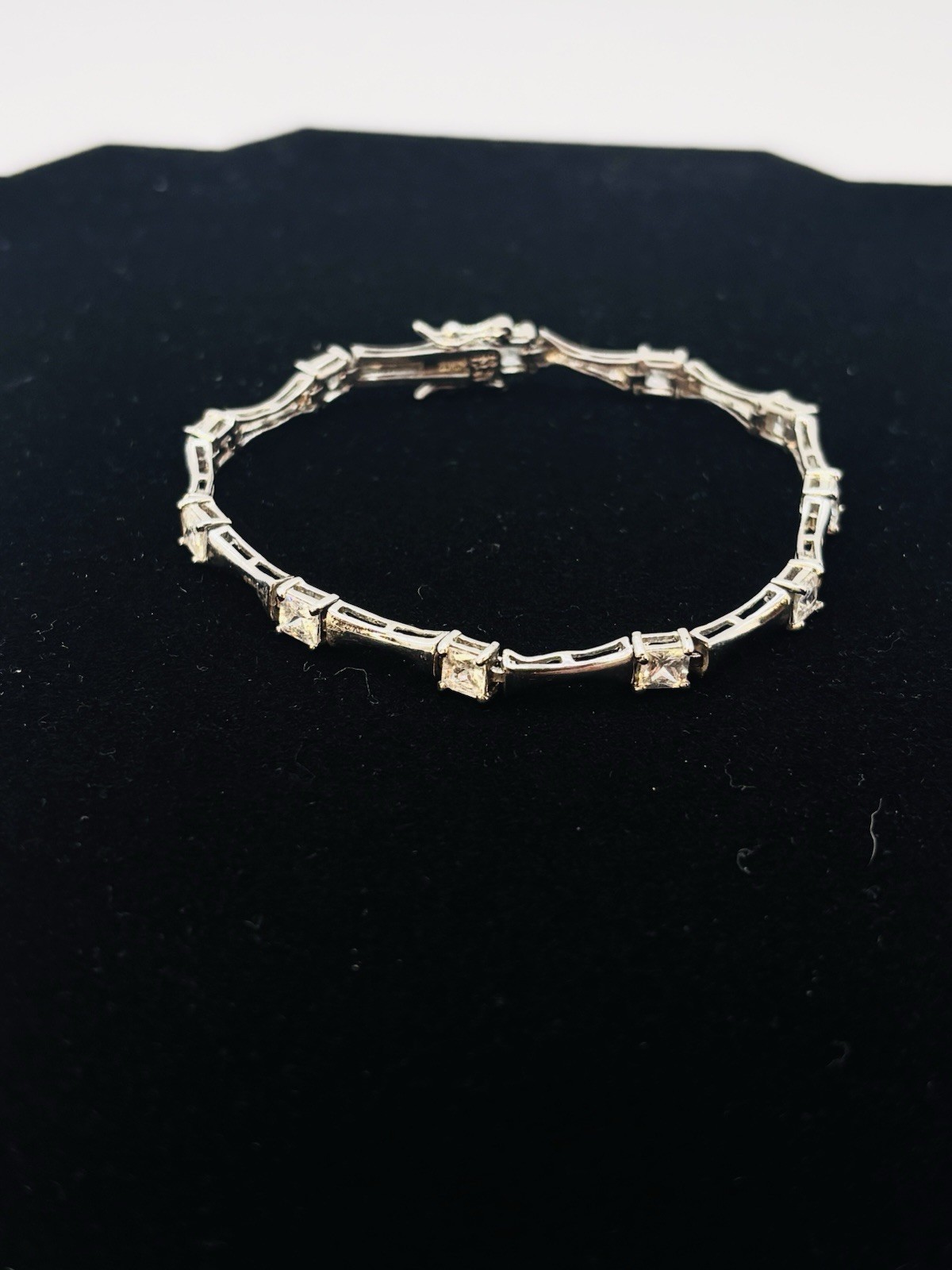 Vintage 925 Sterling Silver Princess Cut CZ Bamboo Link Tennis Bracelet 7″