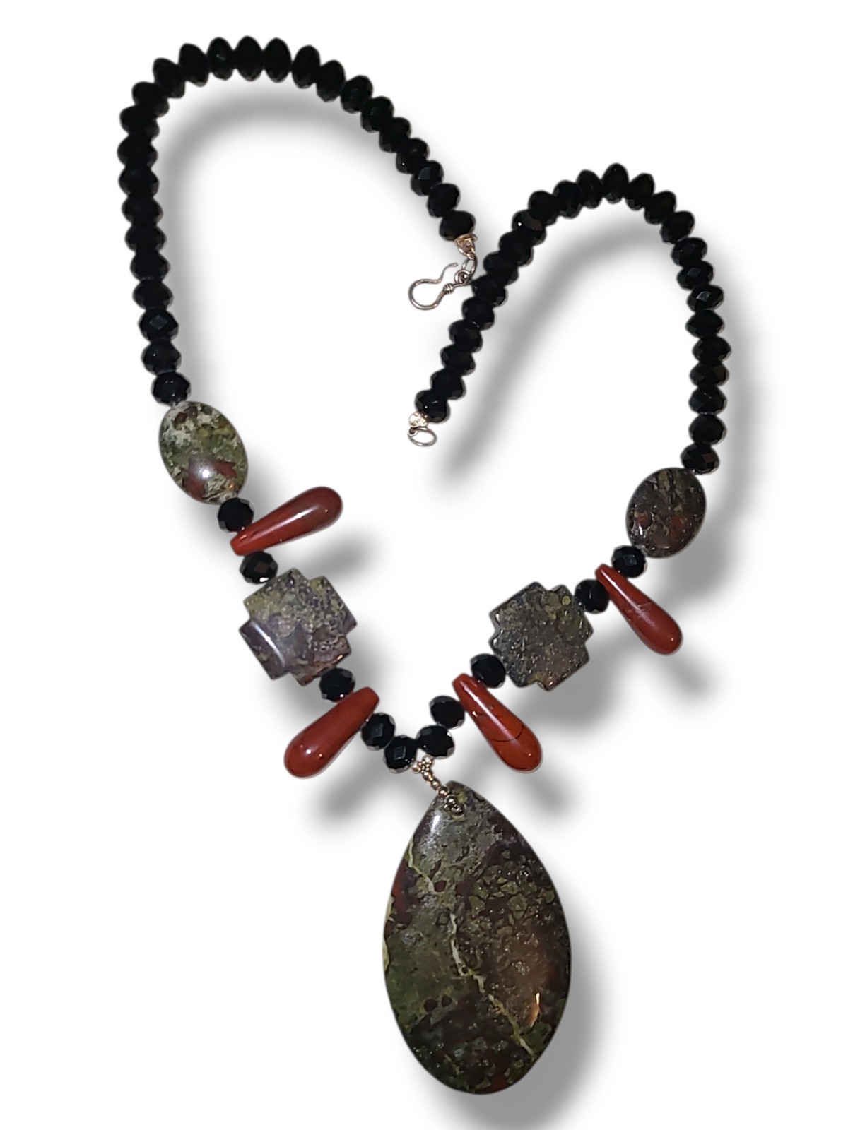 Stone Pendant Necklace Red Green Jasper Bead Black Crystal 925 Clasp 18in