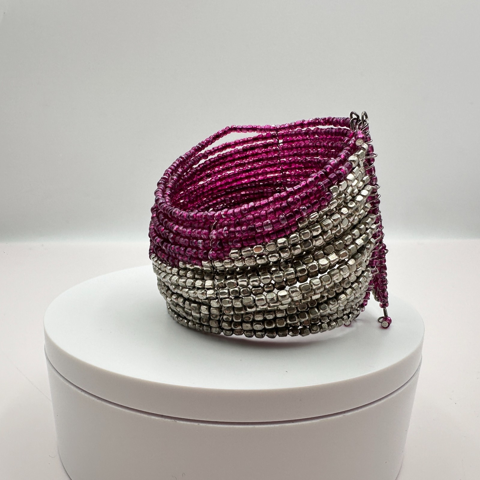 Vintage 90s Magenta Pink &Silver Seed Bead Multi-Strand Wrap Cuff Bracelet Boho
