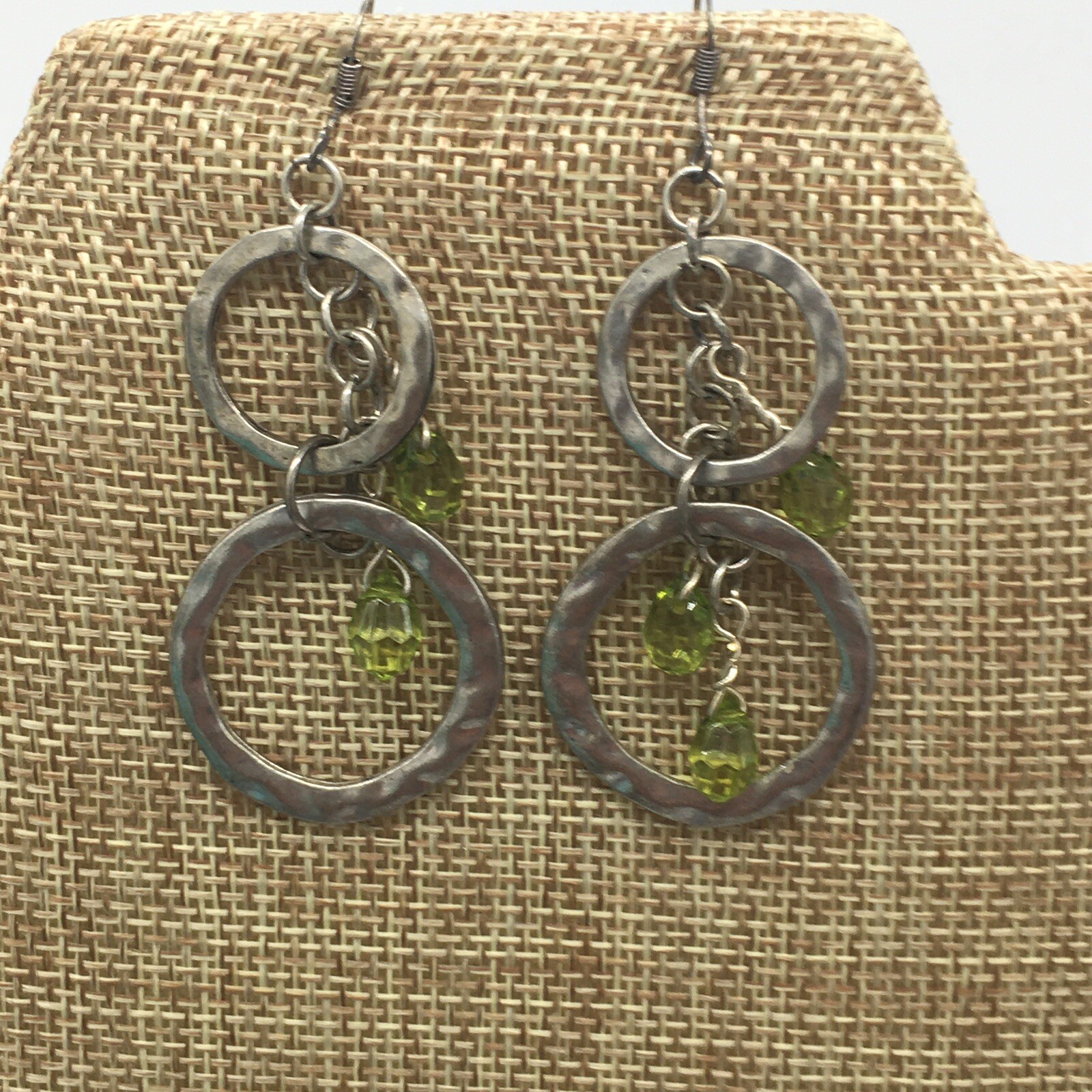 Double Hoop Dangle Fish Hook Earrings With Acrylic Green Beads Approximately 2”