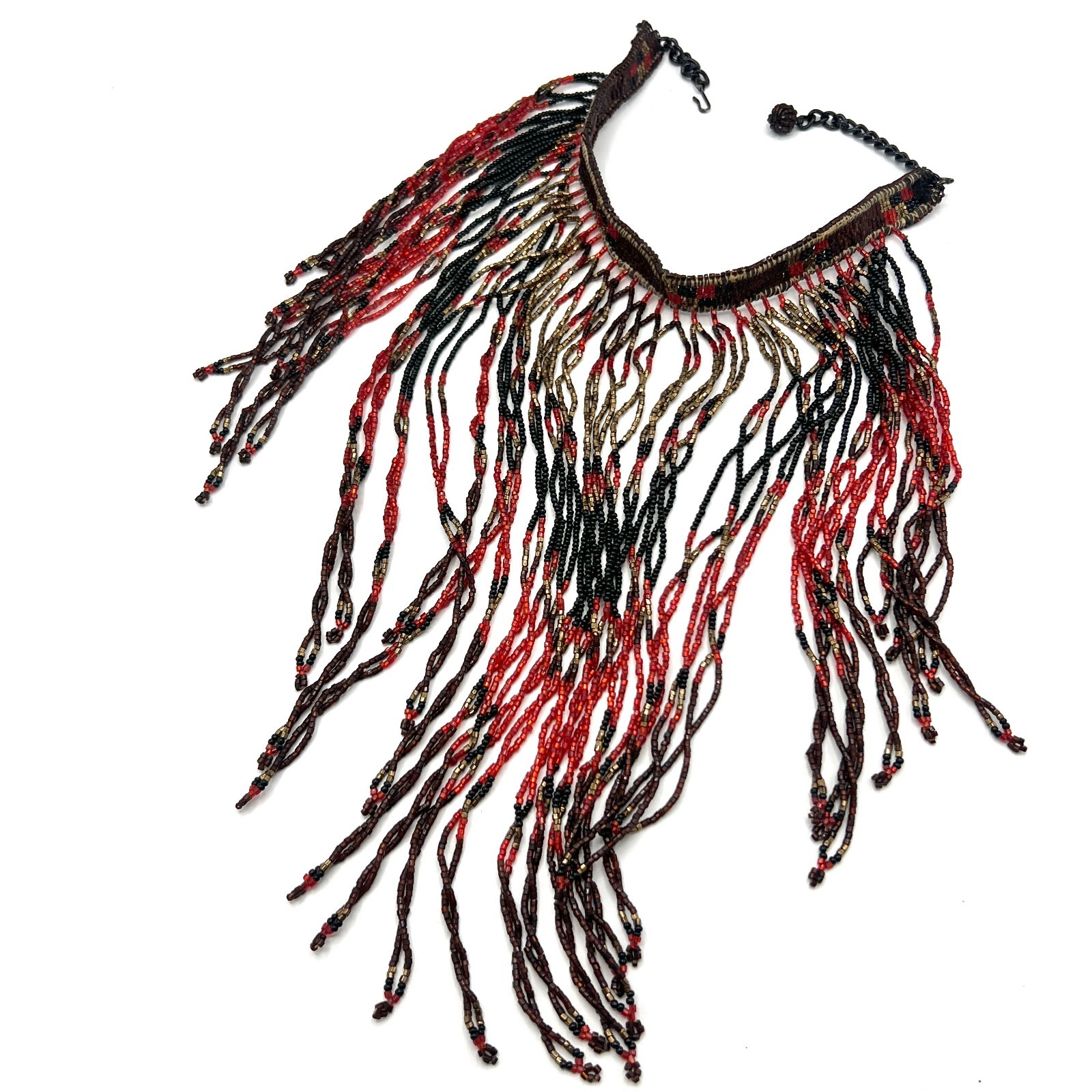 Vintage 1970s Exotic Beaded Fringe Necklace Red Black Gold Drippy Bib Statement