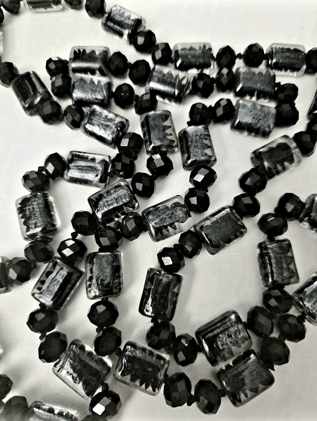 Antique Paris Necklace Black and Clear Glass Beads 1920s Flapper Xtra Long