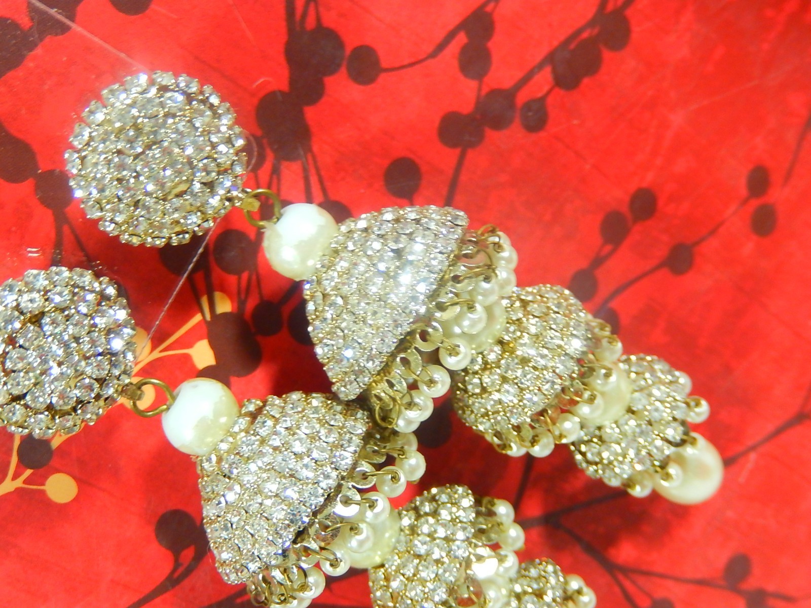 AMAZING 60s VTG DECO RHINESTONE FAUX PEARL 3 TIER CHANDELIER EARRINGS RUNWAY