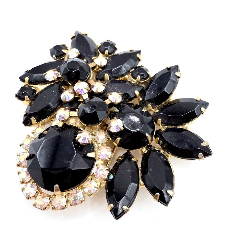JULIANA Delizza & Elster Black and AB Rhinestone Brooch Vintage Jewelry