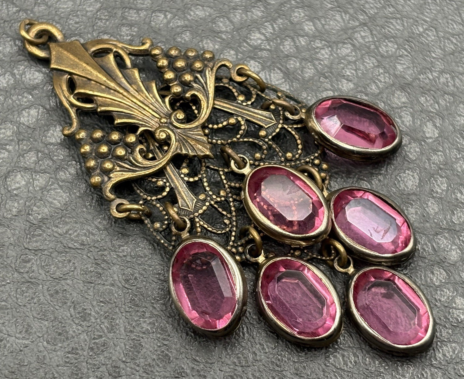VTG Nouveau Revival Brass Tone Crystal Station Pendant Filigree Chandelier Style