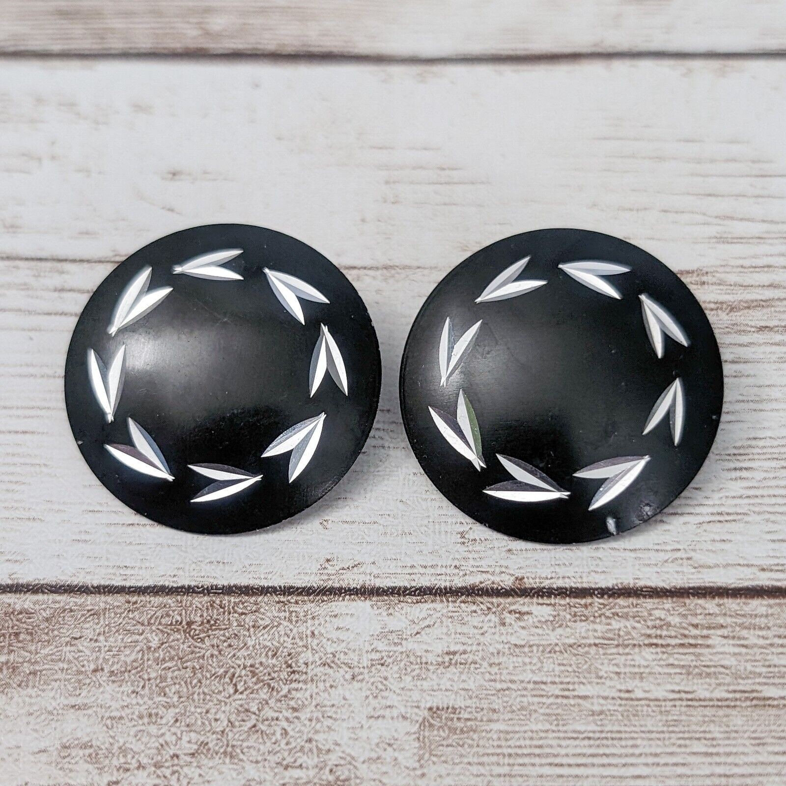 Vintage Clip On Earrings – Black with Silver Tone Design 1 & 1/8″