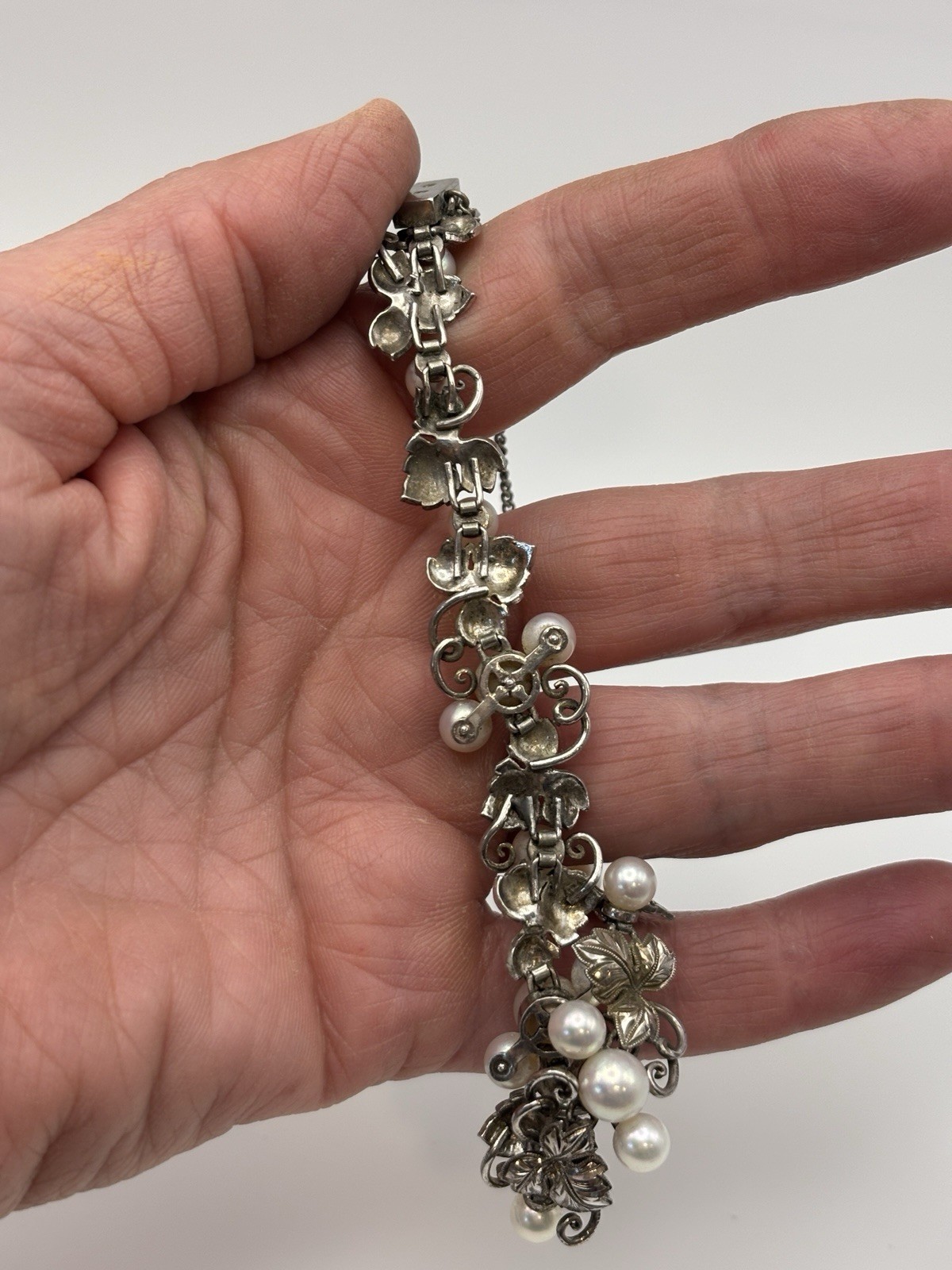 Authentic Vintage Mikimoto Silver Pearl Ornate Bracelet