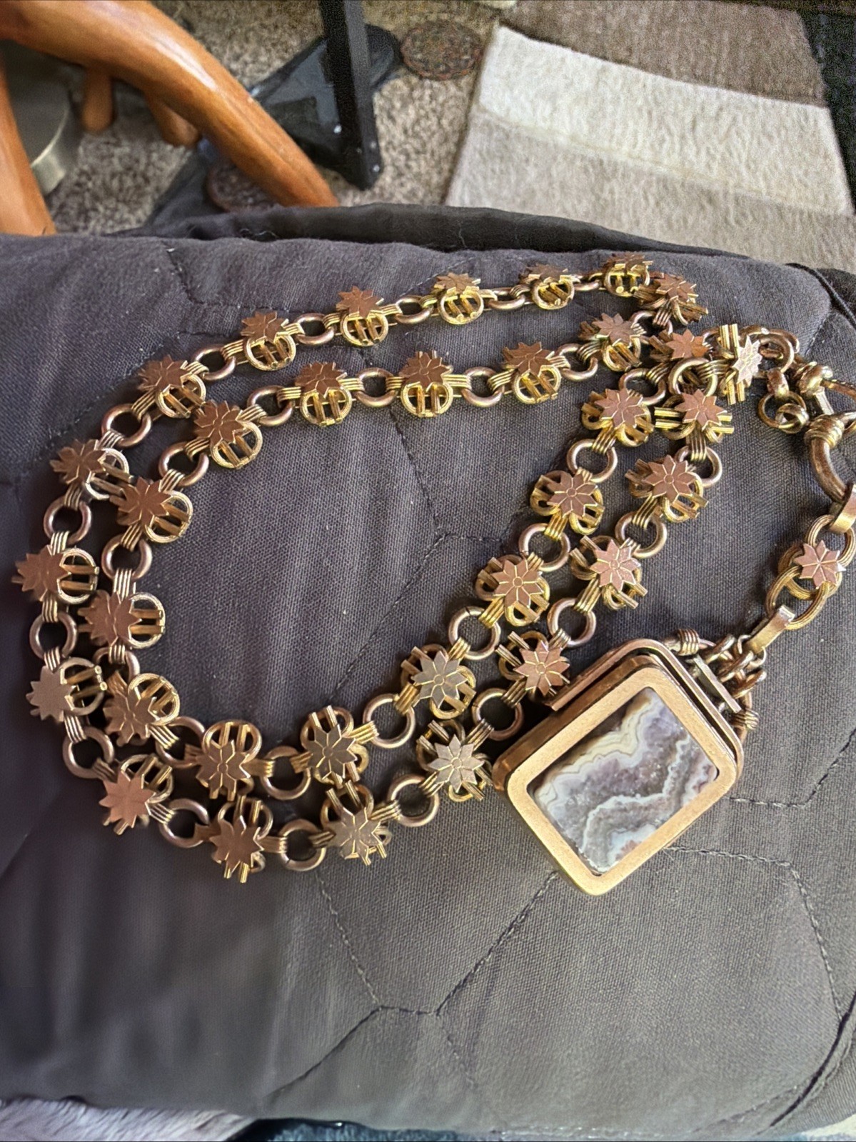 Victorian Lovely 59g Gold Fill Book Link Necklace GF Agate Bloodstone Locket Fob