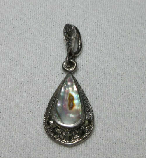 VINTAGE STERLING SILVER ABALONE SHELL NECKLACE PENDANT WITH MARCASITES CW #80
