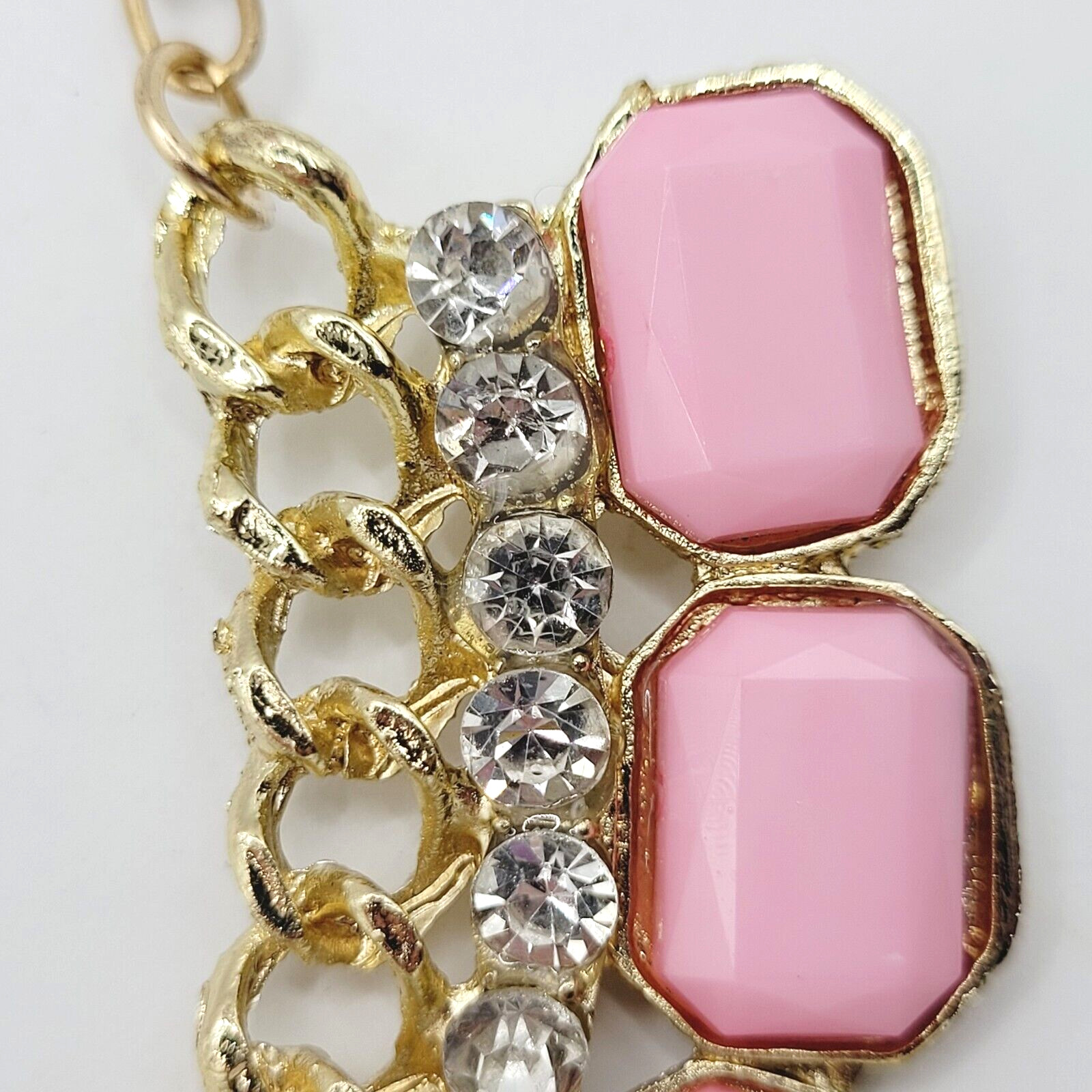Fancy Rhinestone & Pink Acrylic with Milkglass Style Vintage Gold Tone Necklace