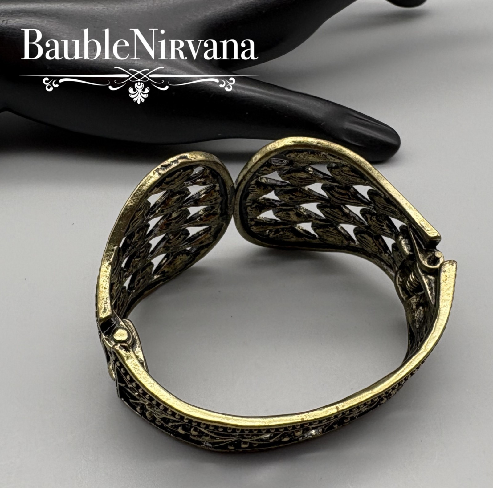 Vintage Extra Wide Gold Tone Pierced Openwork Rhinestones Cuff Bracelet