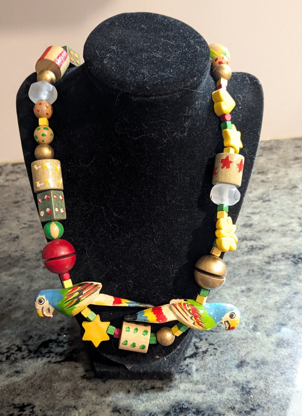 Vintage 1970 Parrot Carved Bird Tropical Theme Necklace Wood Beads Hand Painted