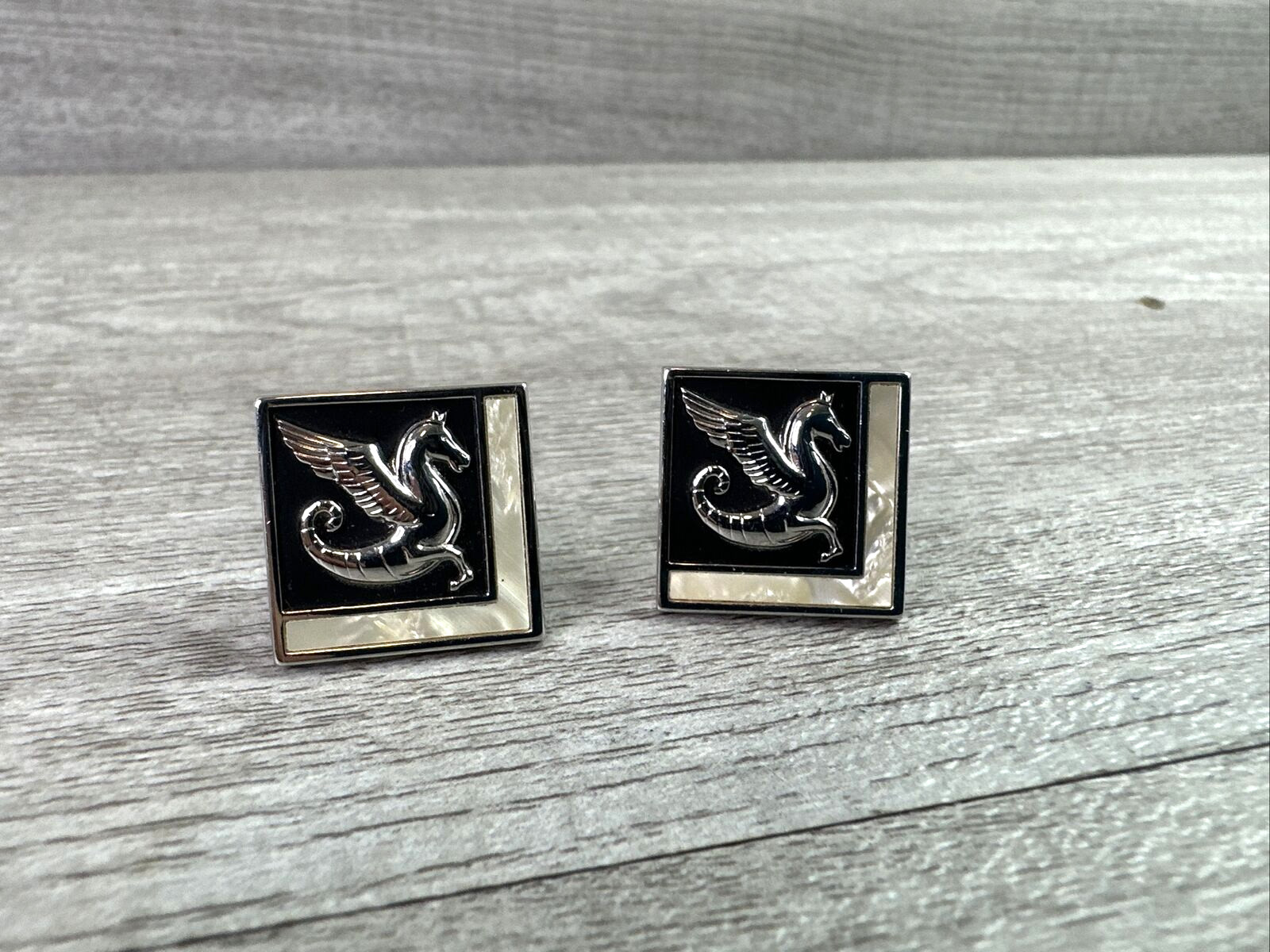Vintage SWANK Cufflinks Square Silver Tone Black Dragon