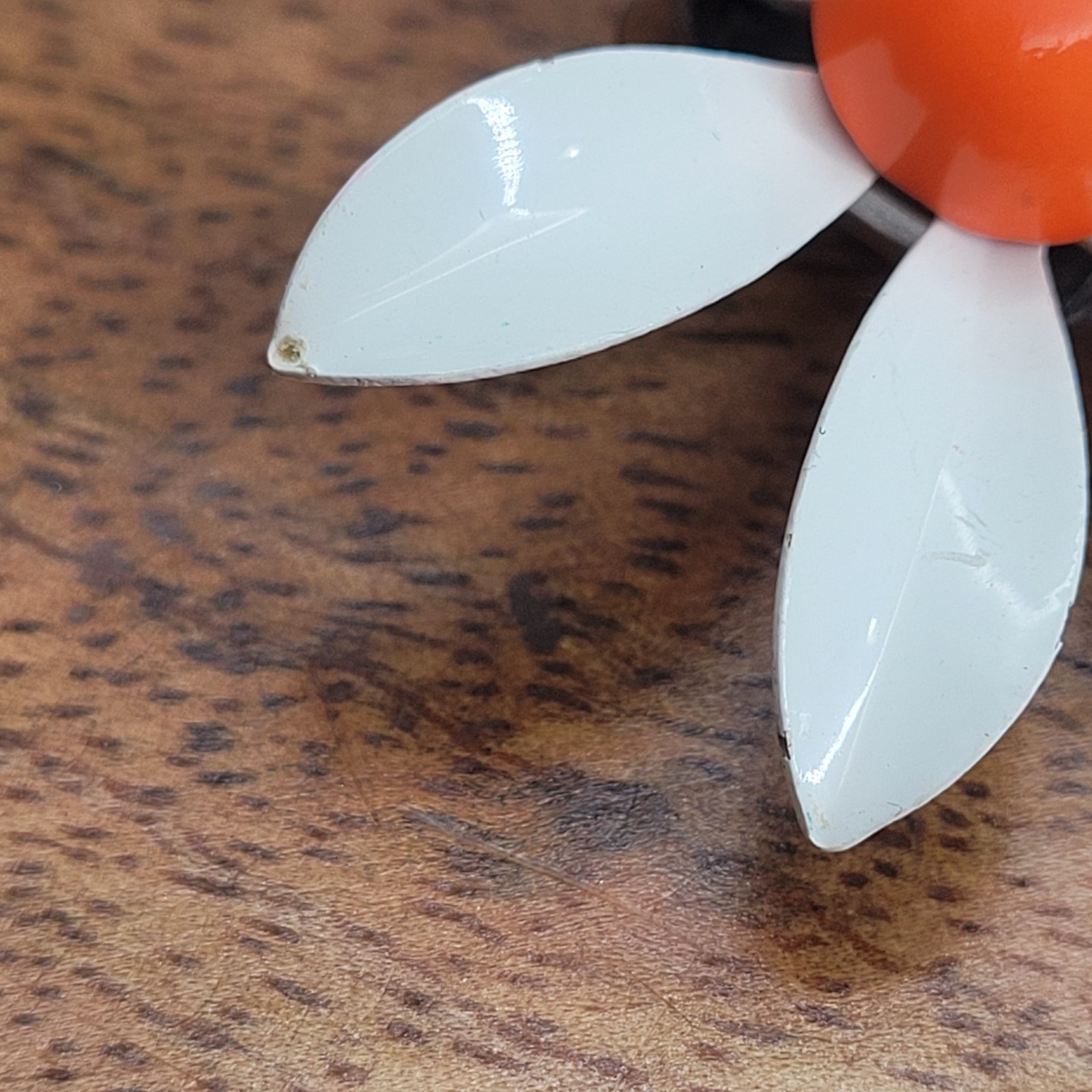 Vintage 1960s Enamel Daisy Clip-On Earrings White Orange Metal Flower Retro Mod