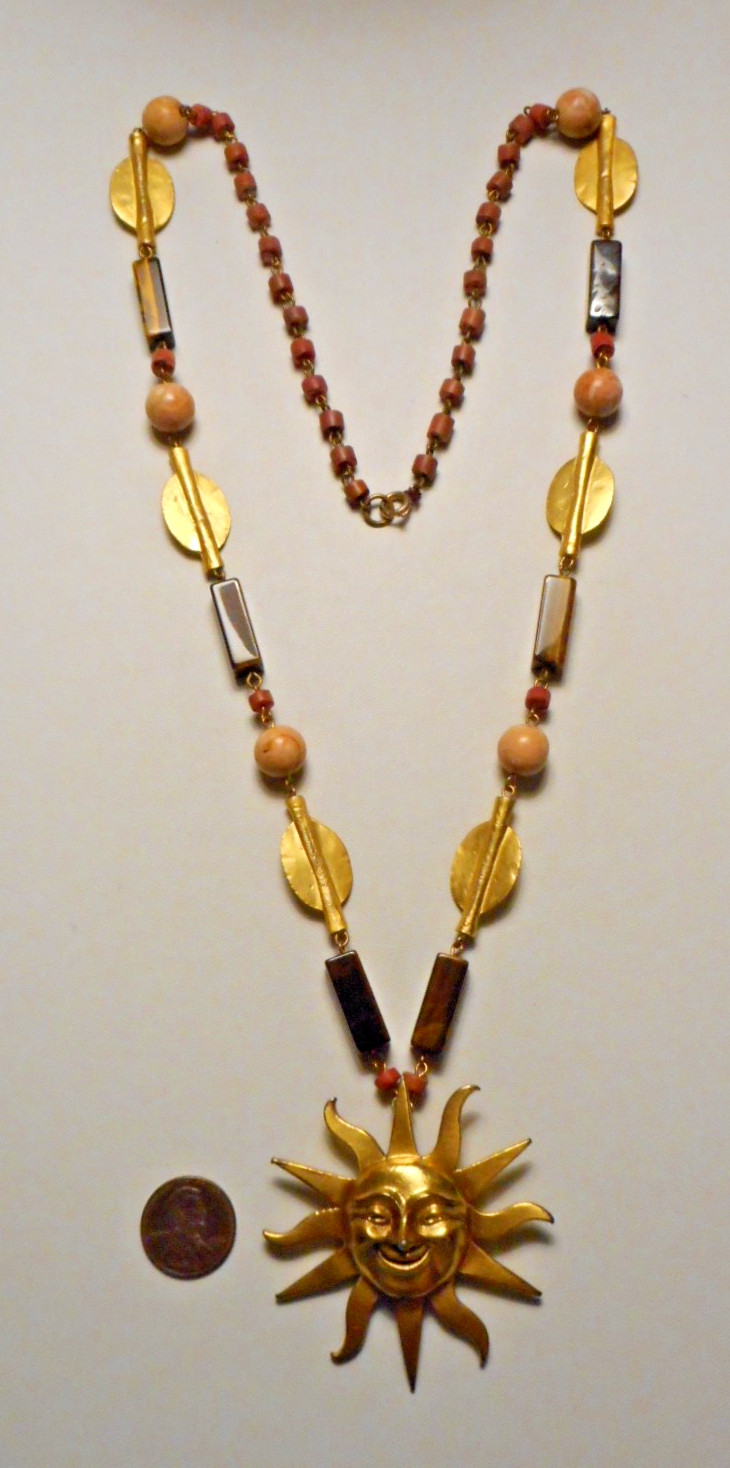 1970s Alva Museum Replicas Tiger’s Eye Stone Bead Necklace w Smiling Sun Pendant