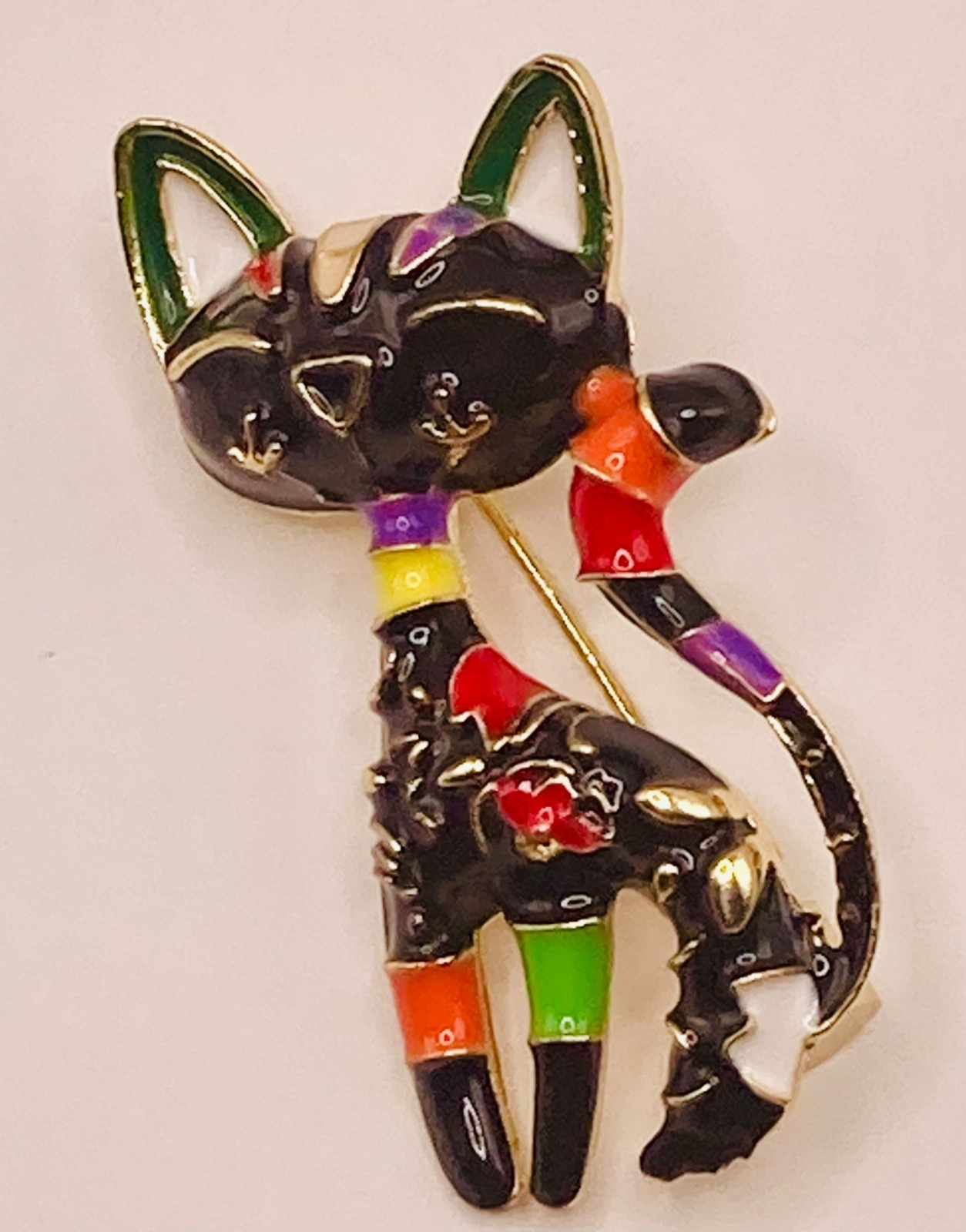 Colorful Black Cat Brooch Pin Enamel Details & Gold-Tone Finish -51B