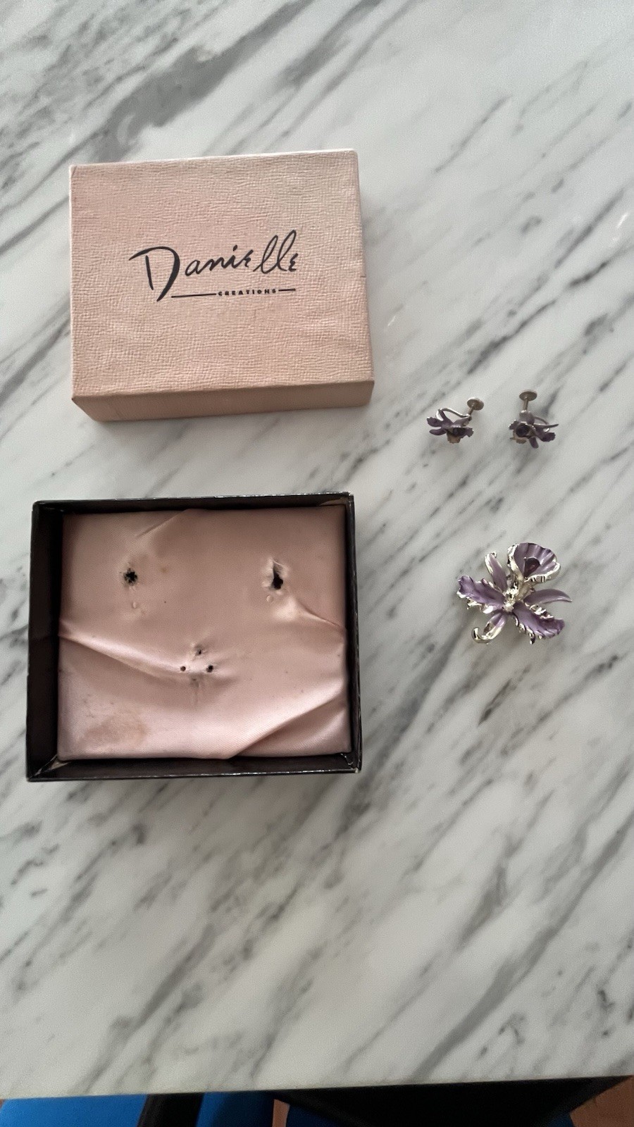 Vintage Purple Enamel Orchid Brooch & Screw Back Earrings Set w/ Box