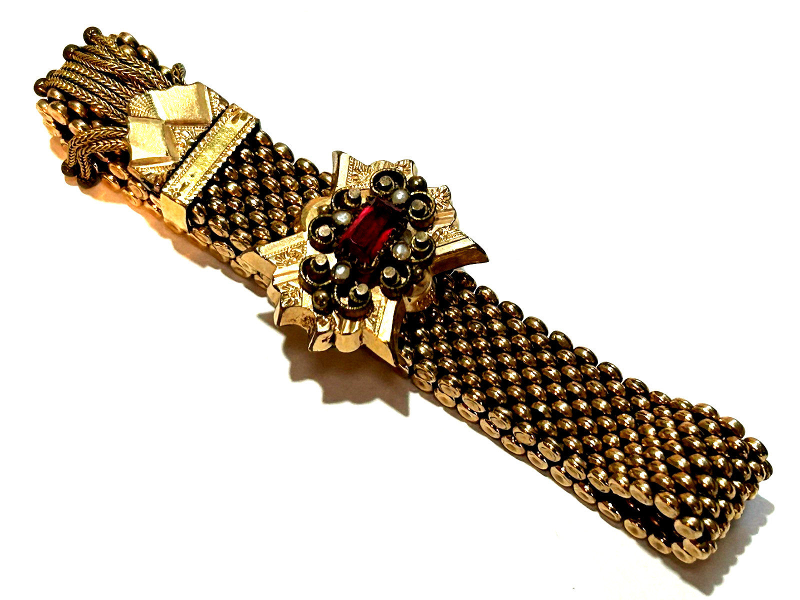 Victorian Gold Filled Slide Bracelet Red Stone Seed Pearls Tassels