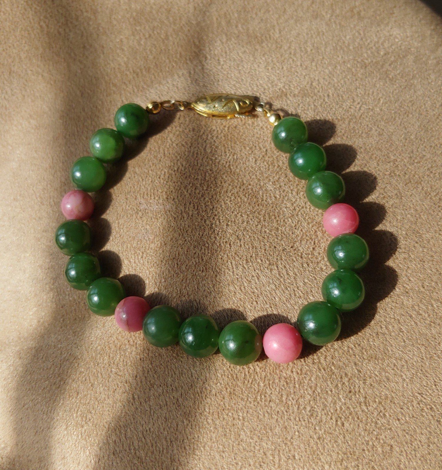 Natural Type A Jadeite & Pink Zoisite Bracelet (Mid-Century Export)