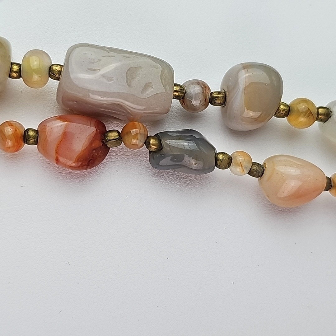Vintage Beggars Bead Necklace Polished Stone Fall Colors Opera Length 36 Inch