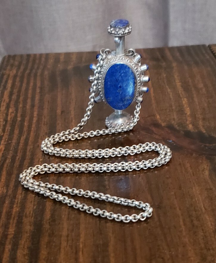Vintage Sterling silver lapis Perfume Bottle Necklace 64 Grams