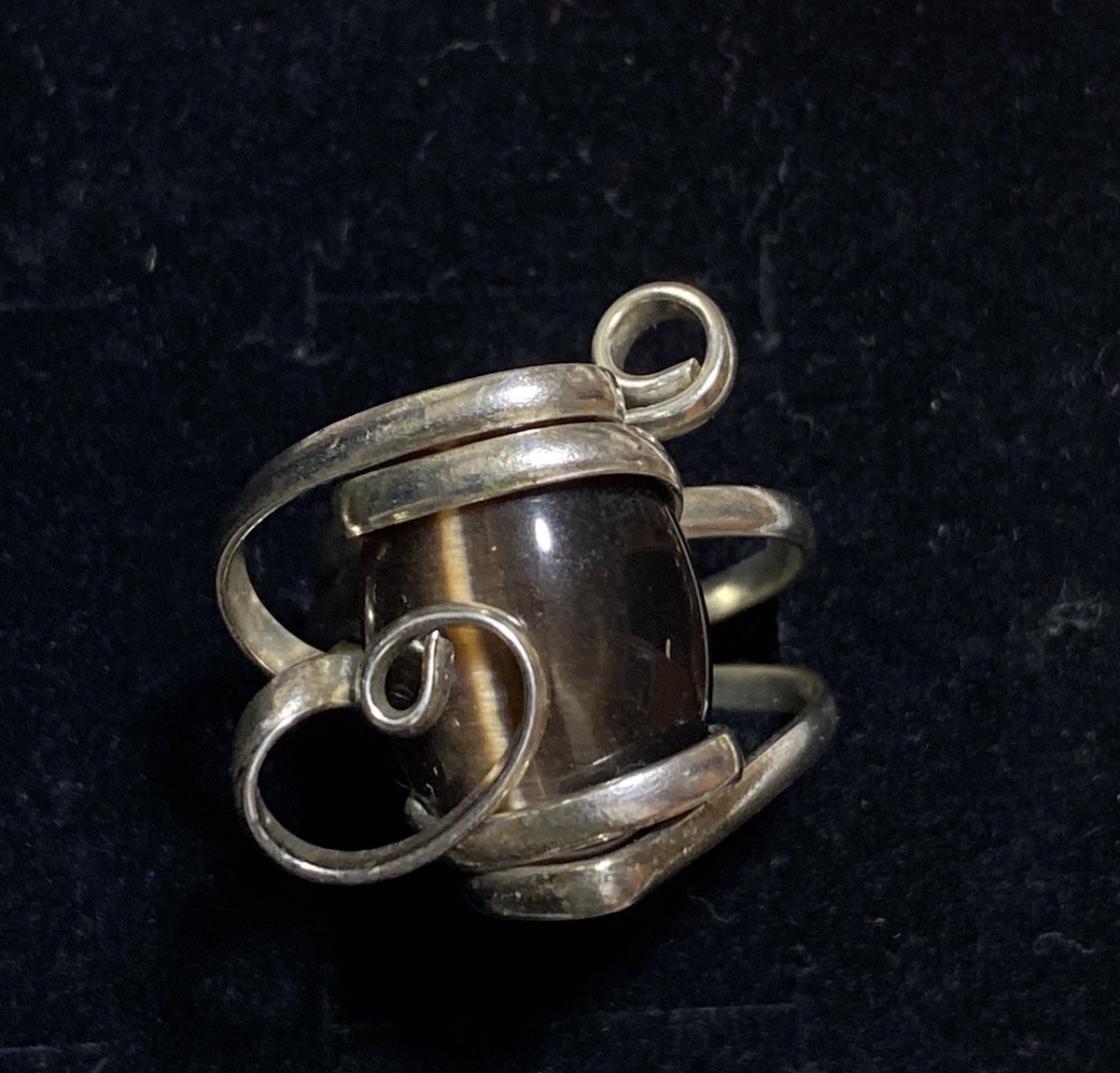 Vintage Abstract Artisan Silver Tone Ring Tiger Eye Stone Wrap Design Adjustable