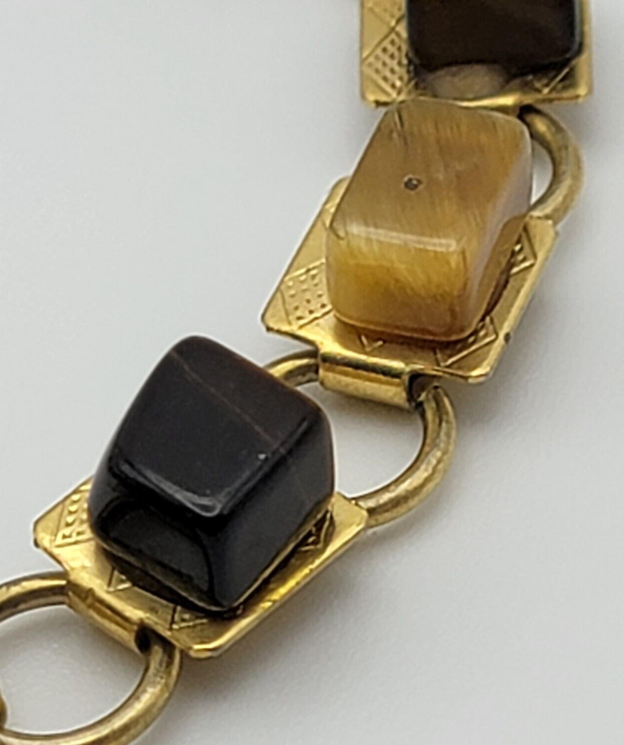 Vintage Art Deco Gold Tone Tiger’s Eye Square Bead Bracelet 7.25 in Fold Clasp