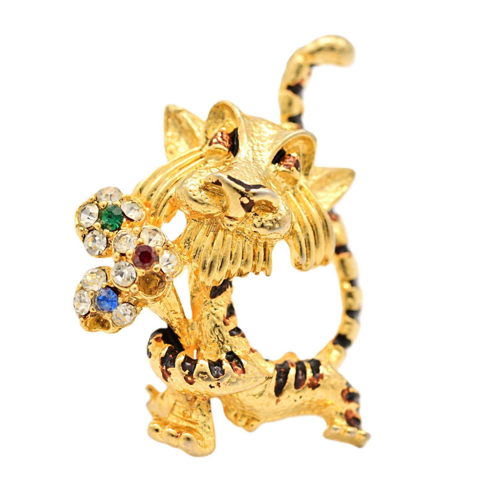 J MAZER Original Vintage Multi Rhinestone Enamel Estate Flower Tiger Brooch Pin