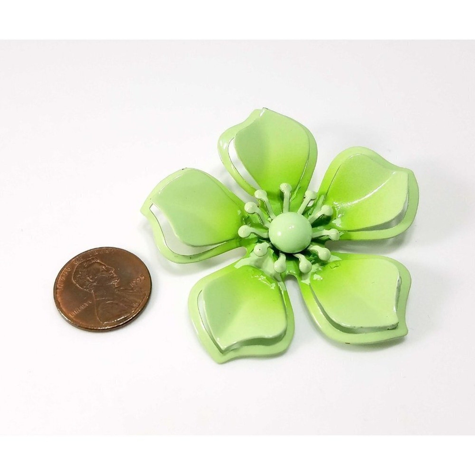 Vintage Light Green Flower Brooch, Enamel On Metal, 1960s, 2 3/8 Inches