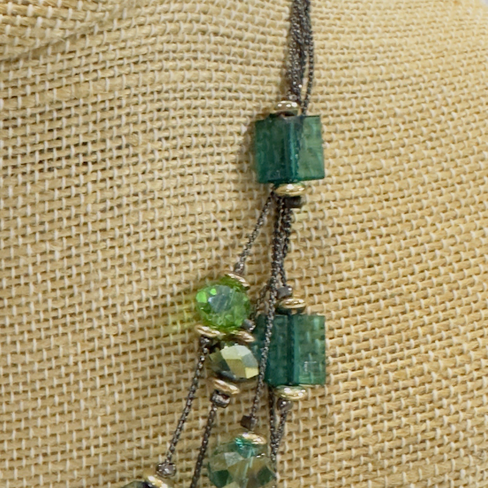 5 Strand Necklace Green Acrylic Glass Beads Black Wire Like Chain 11″ Faceted