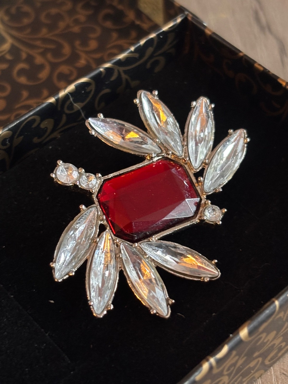 Vintage Silver Tone Brooch Red and Clear Rhinestone Accents
