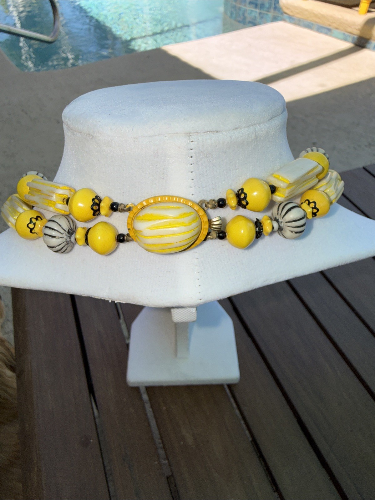 Vintage Made in Hong Kong Yellow Black White 2 Strand Beaded Necklace 19″
